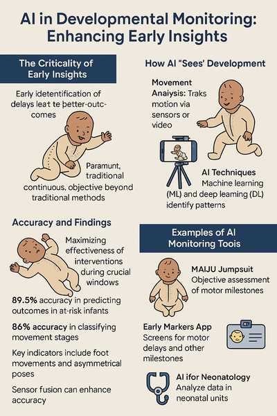 Infographic showing how AI helps monitor infant development through movement analysis, accuracy stats, and early intervention tools like smart jumpsuits and apps.