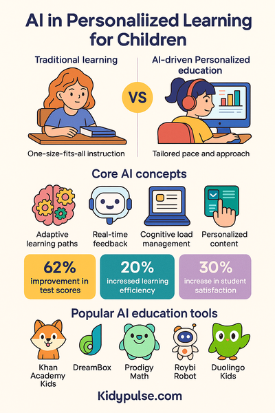 Infographic highlighting how AI enables personalized learning through adaptive paths, real-time feedback, content tailoring, and improved academic outcomes.