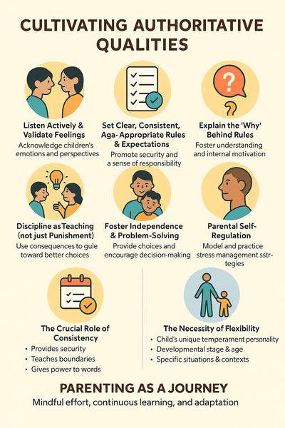 Infographic on cultivating authoritative parenting—illustrates key qualities like warmth, structure, emotional regulation, consistency, and flexibility.