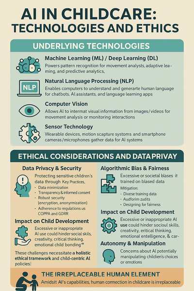 Infographic explaining AI technologies in childcare—machine learning, NLP, computer vision, and sensors—alongside ethical concerns like data privacy, fairness, and the importance of human connection.