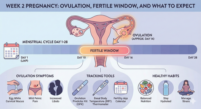 WEEK 2 PREGNANCY: OVULATION, FERTILE WINDOW, AND WHAT TO EXPECT" with a light blue background