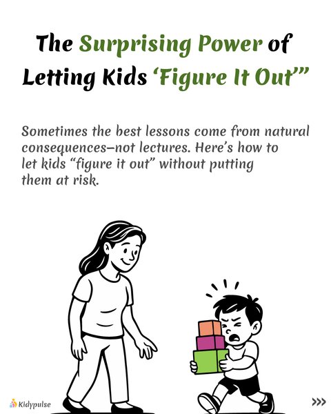 Parent watching calmly while child tries something small (like carrying too many toys).