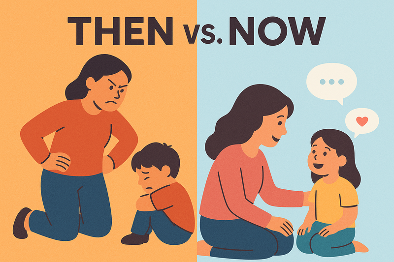 Illustration comparing parenting styles with "Then" showing a strict mother and sad child, and "Now" showing a caring mother talking with a smiling child.
